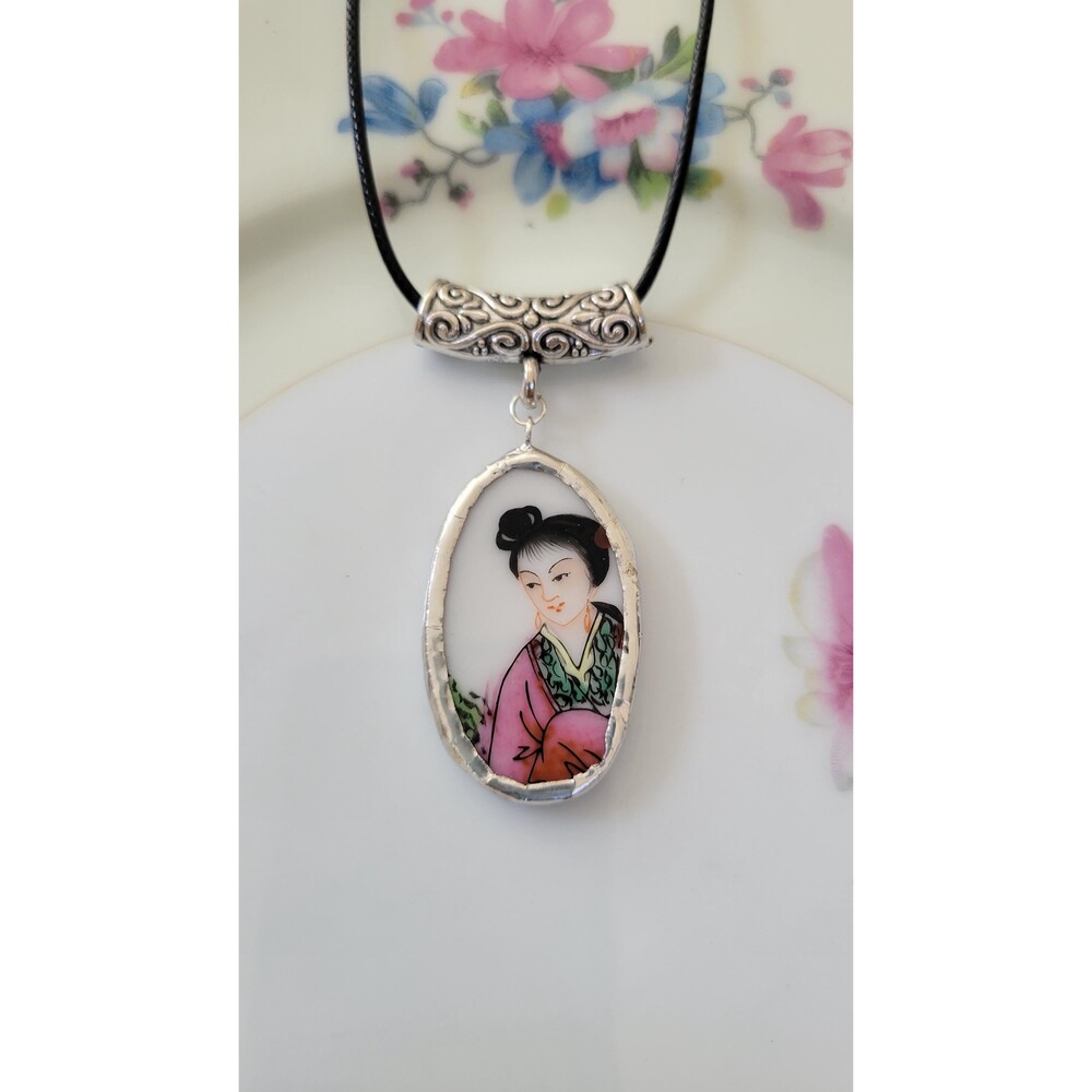 Hong Kong Porcelain Shard Pendant, Pink Geisha Portrait Necklace